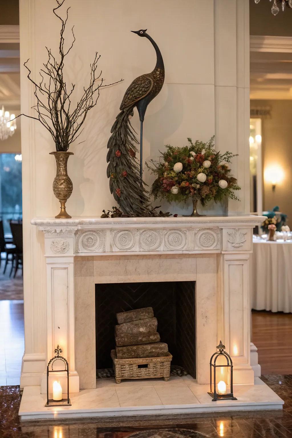 A high mantel presenting an audacious sculpture as a central piece.