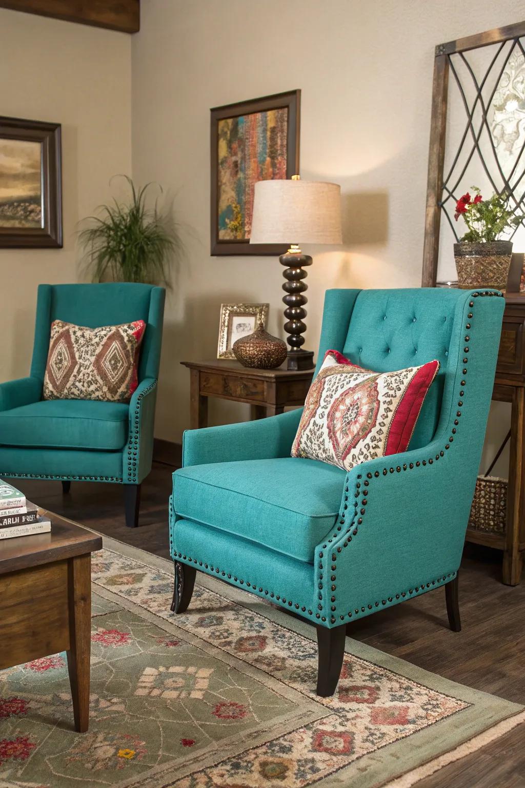 A vibrant yet delicate burst of color is achieved through the strategic placement of turquoise accent chairs.