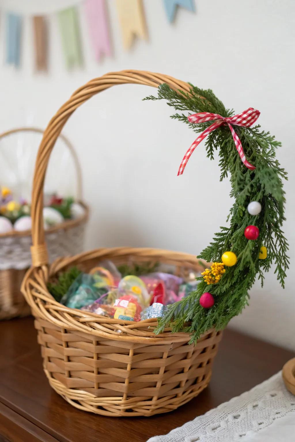 A whimsical wreath adds festive charm to the basket.