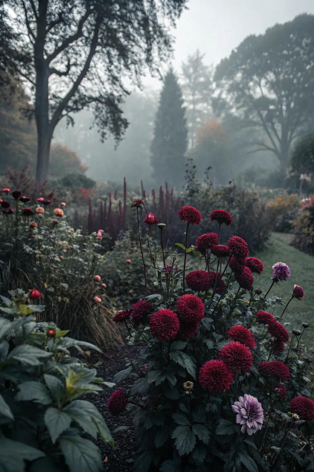 A gothic garden showcasing bold, mysterious plant life.