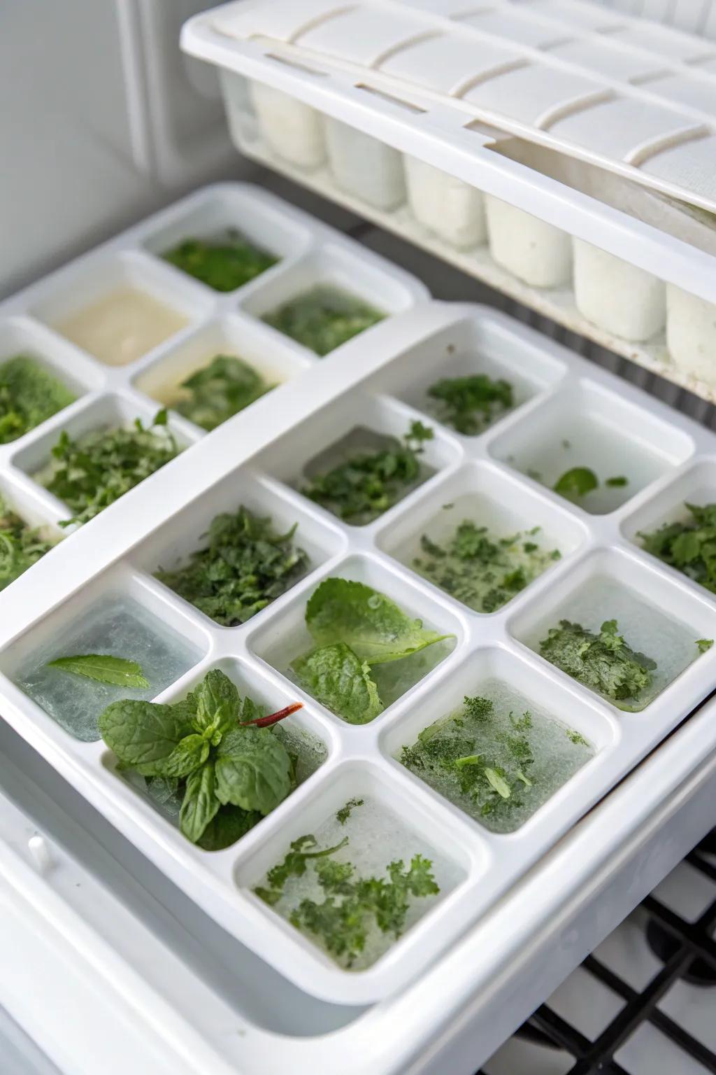 Ice cube trays with frozen herbs in a top freezer, preserving fresh flavors for culinary delights.