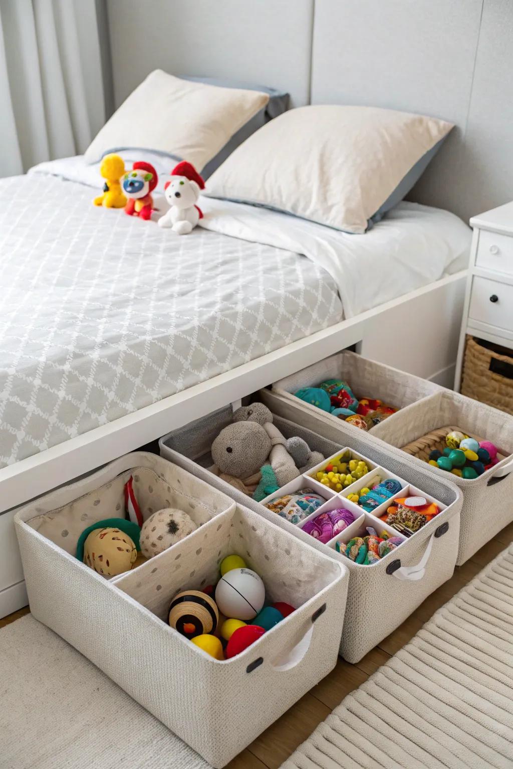 Under-bed storage maximizes space for larger toys.