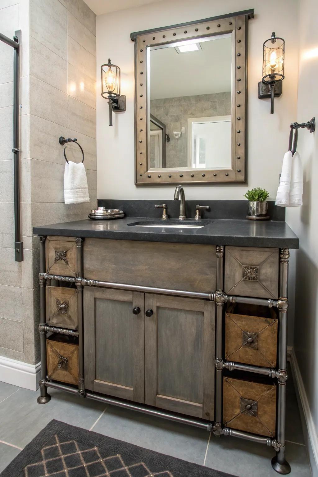 A bathroom featuring a vanity with metal accents for an industrial chic aesthetic.