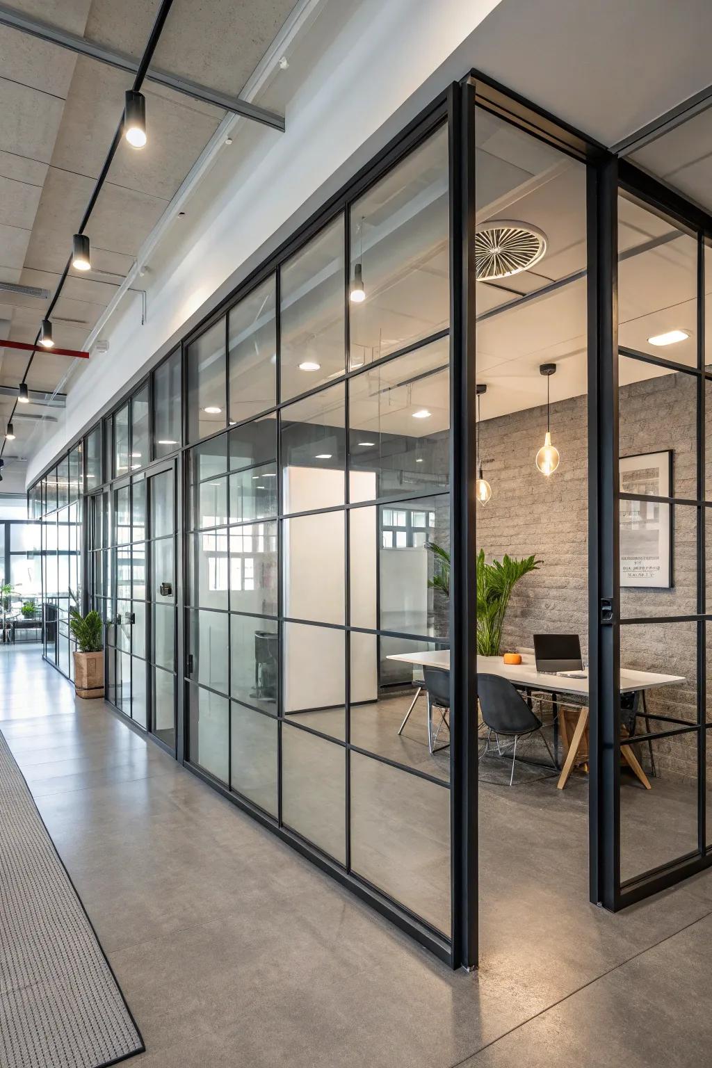 A glass and steel partition providing a modern, industrial look.