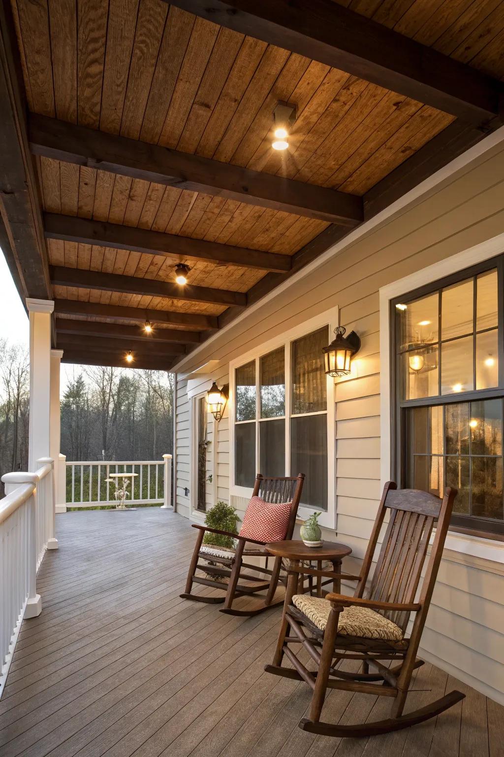 Faux beams on vinyl ceilings add rustic charm with ease.