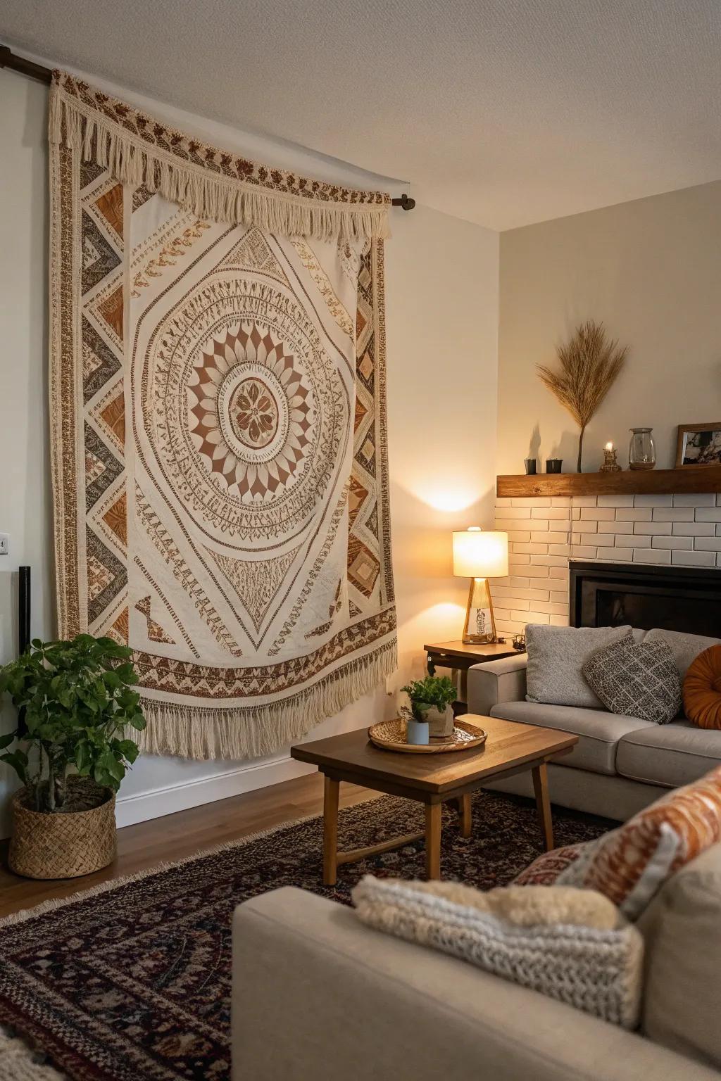 A woven tapestry adds texture and warmth to the living room.