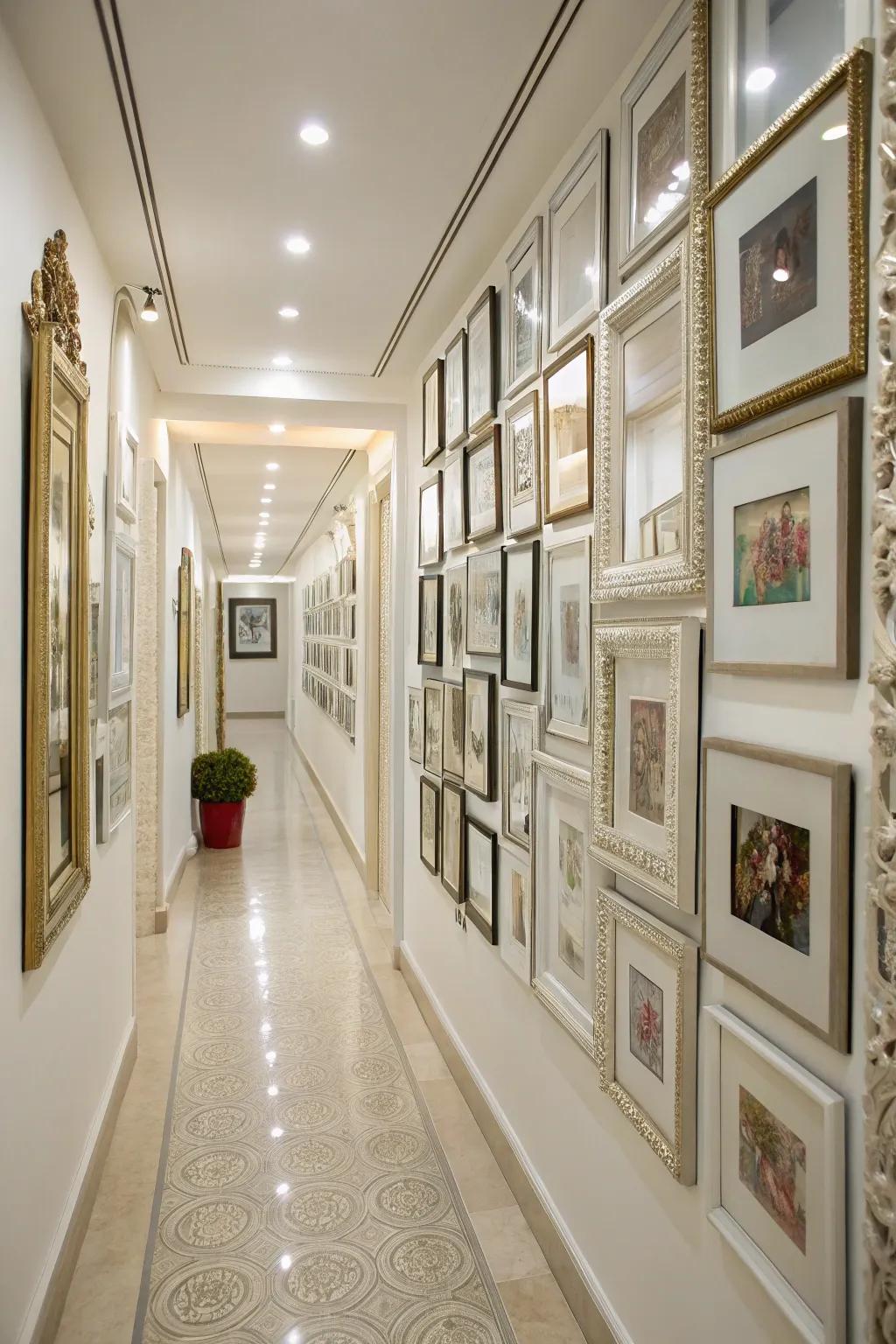 Mirrors and frames enhance light and space in a wall collage.