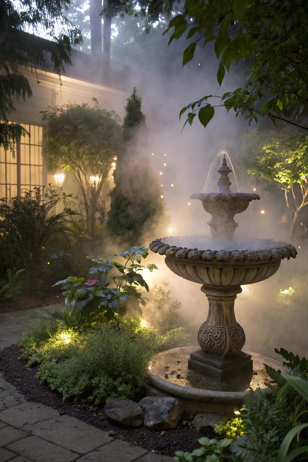 A fog fountain creates a dreamy garden atmosphere.