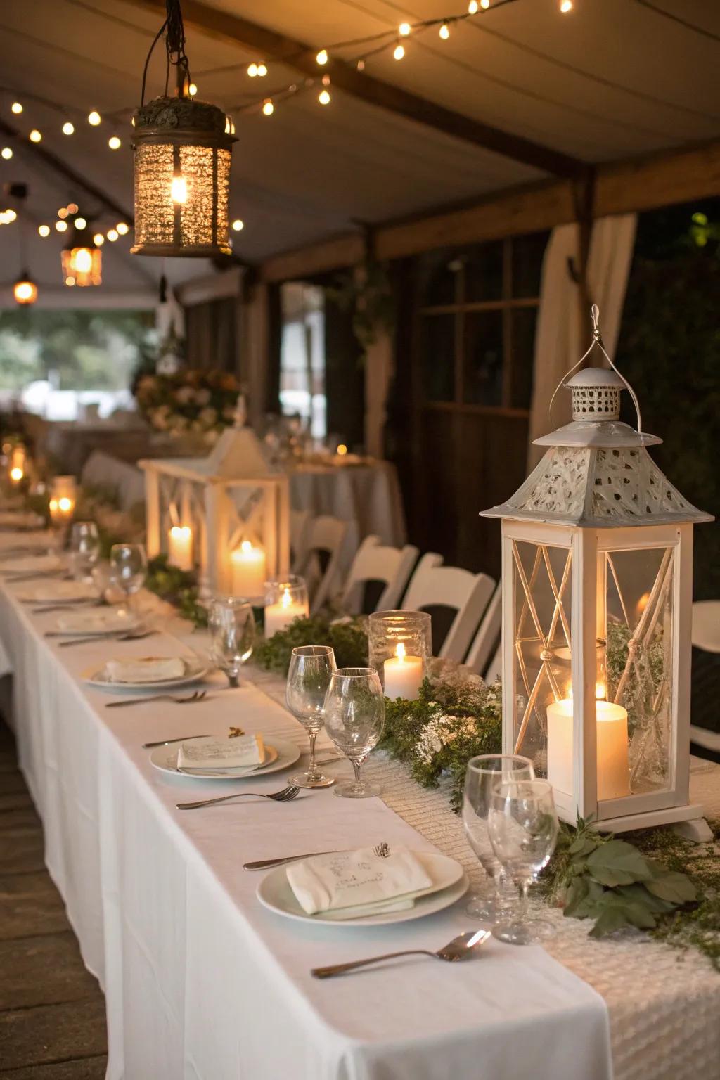 Rustic lanterns add charm and soft lighting to evening receptions.