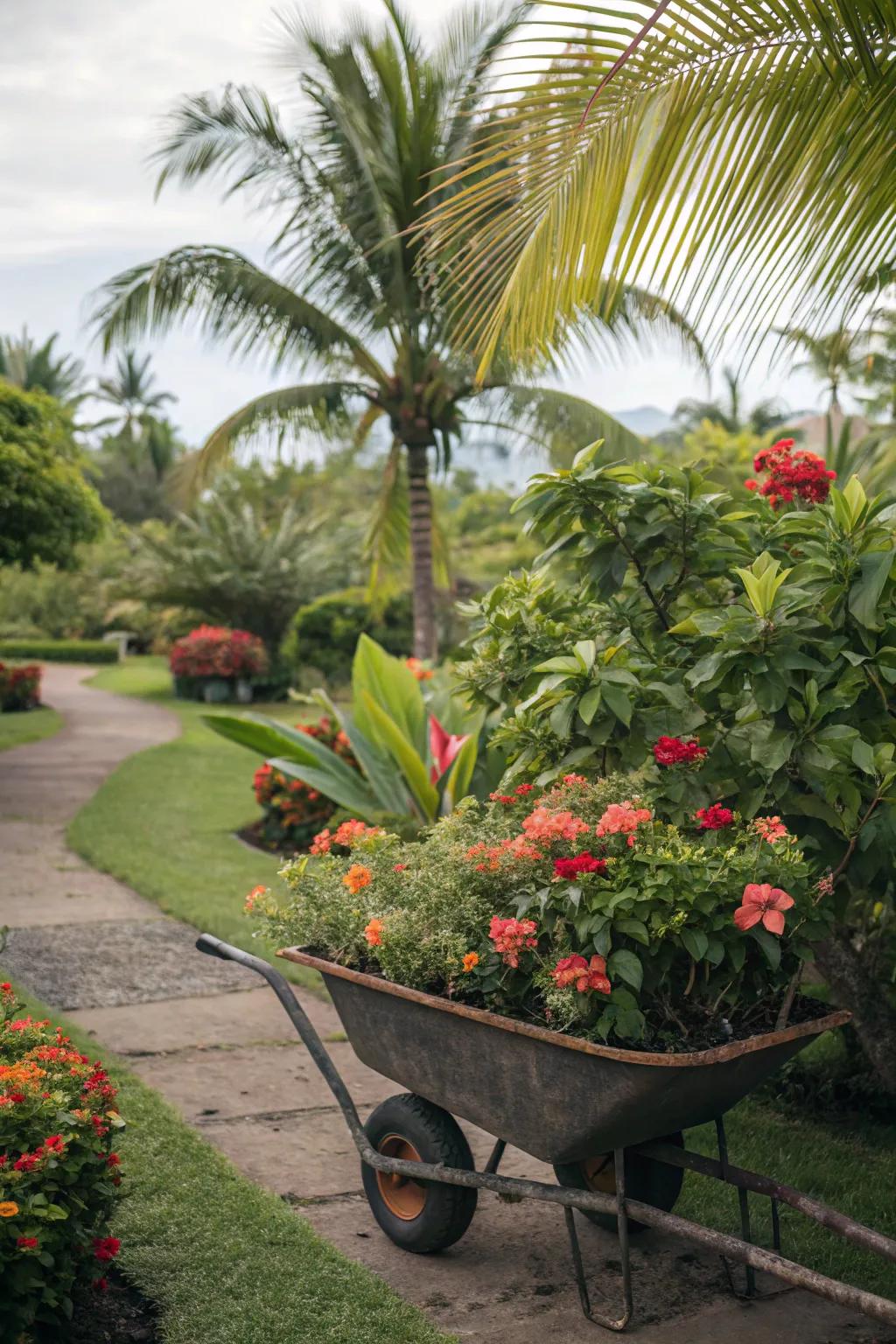 Bring the tropics to your garden with a vibrant wheelbarrow display.