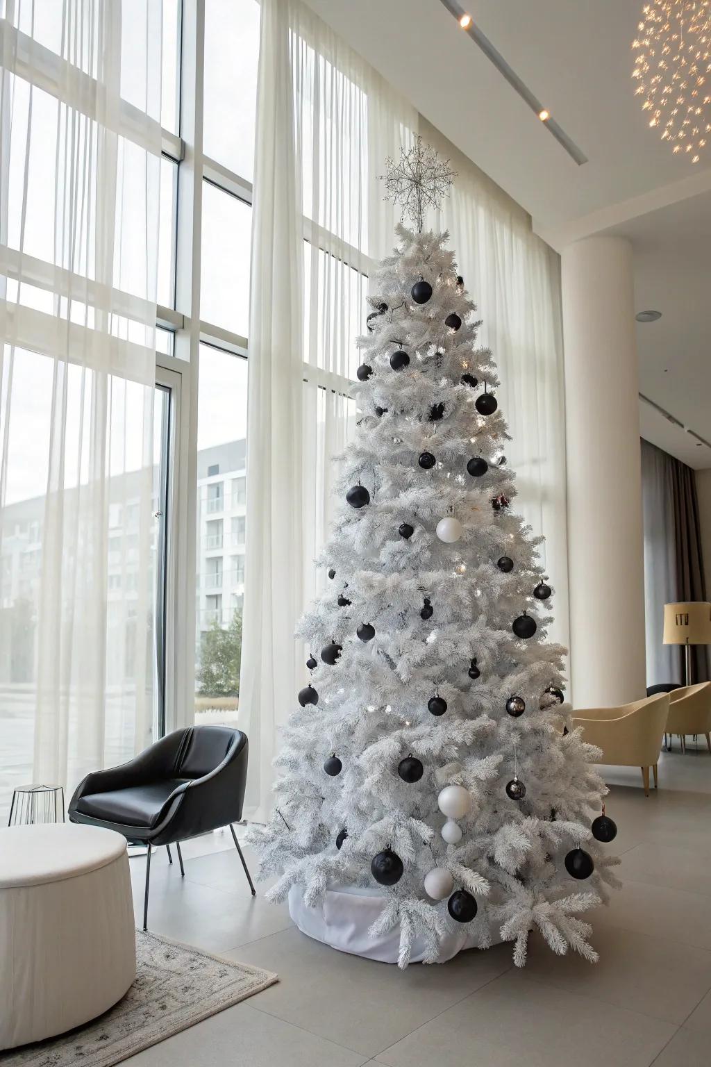 Refined ebony and ivory theme on a white Christmas tree.
