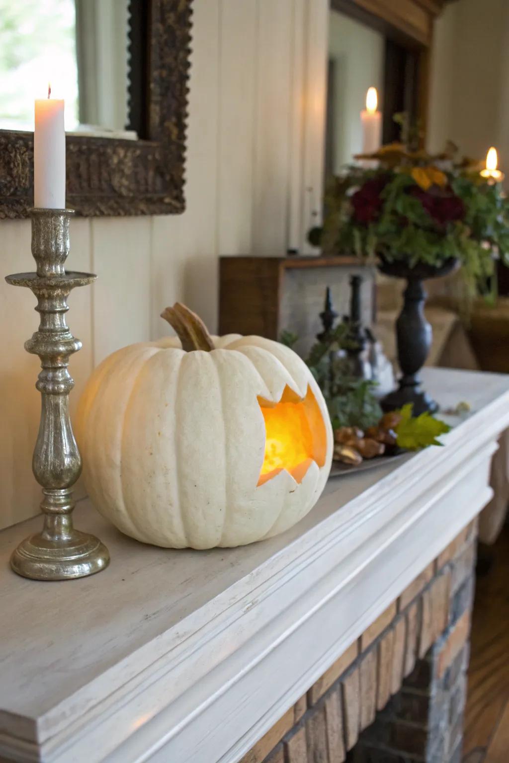 A cozy candlelight effect created with a carved pumpkin.