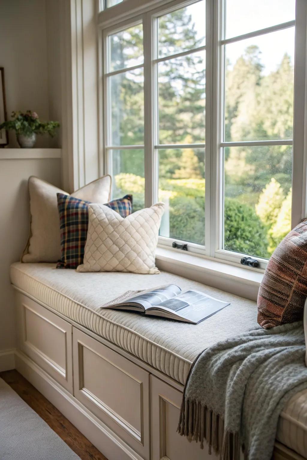 A sophisticated window seat with a plush headboard, perfect for lounging.