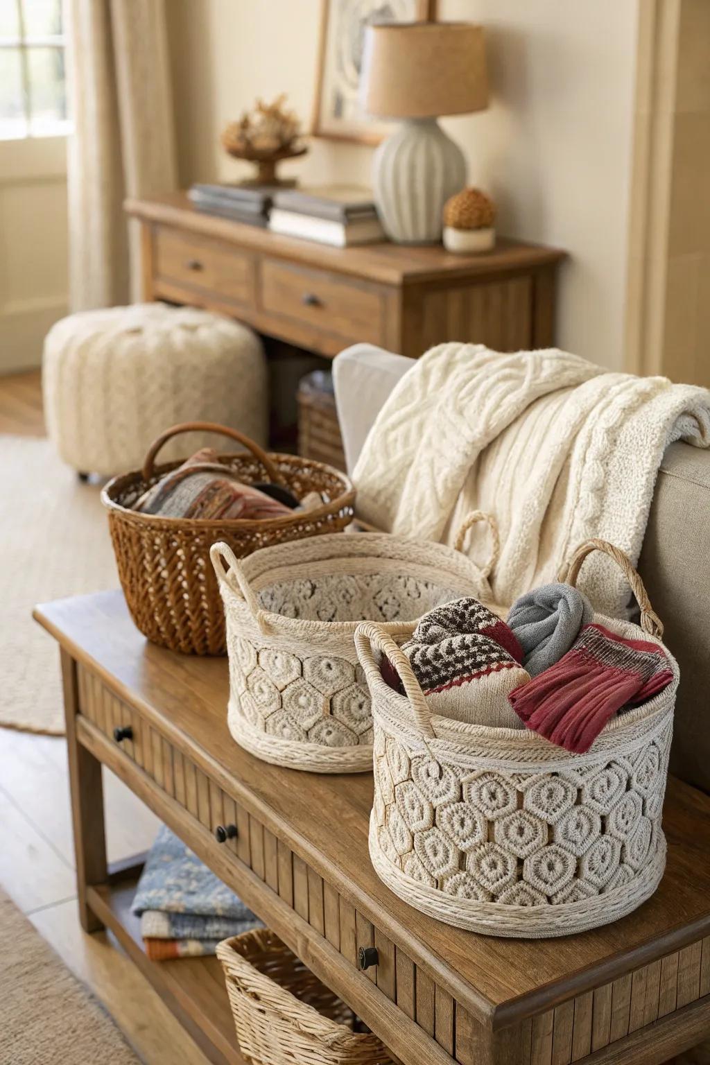 Combine style with function using decorative baskets.