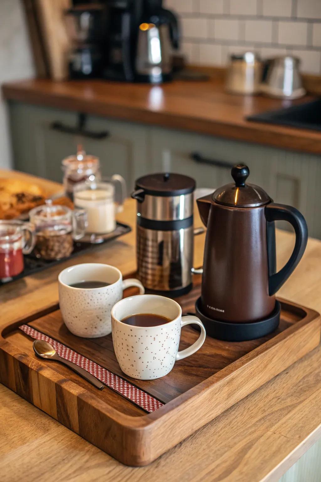 Create a cozy coffee or tea station with a wooden board.