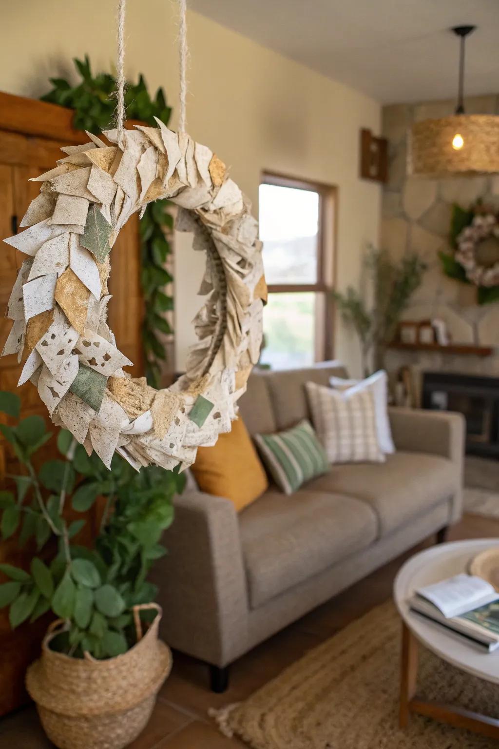 A wreath that reflects environmental mindfulness and creativity.