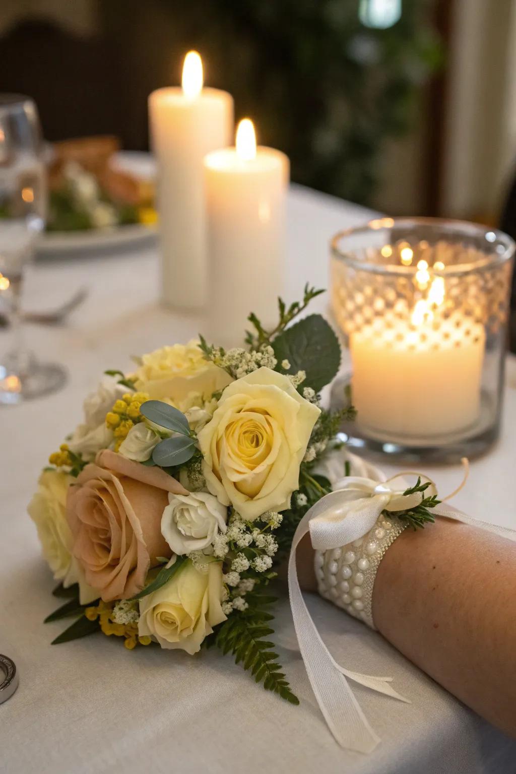 Romantic wrist corsage with candlelight-inspired colors.