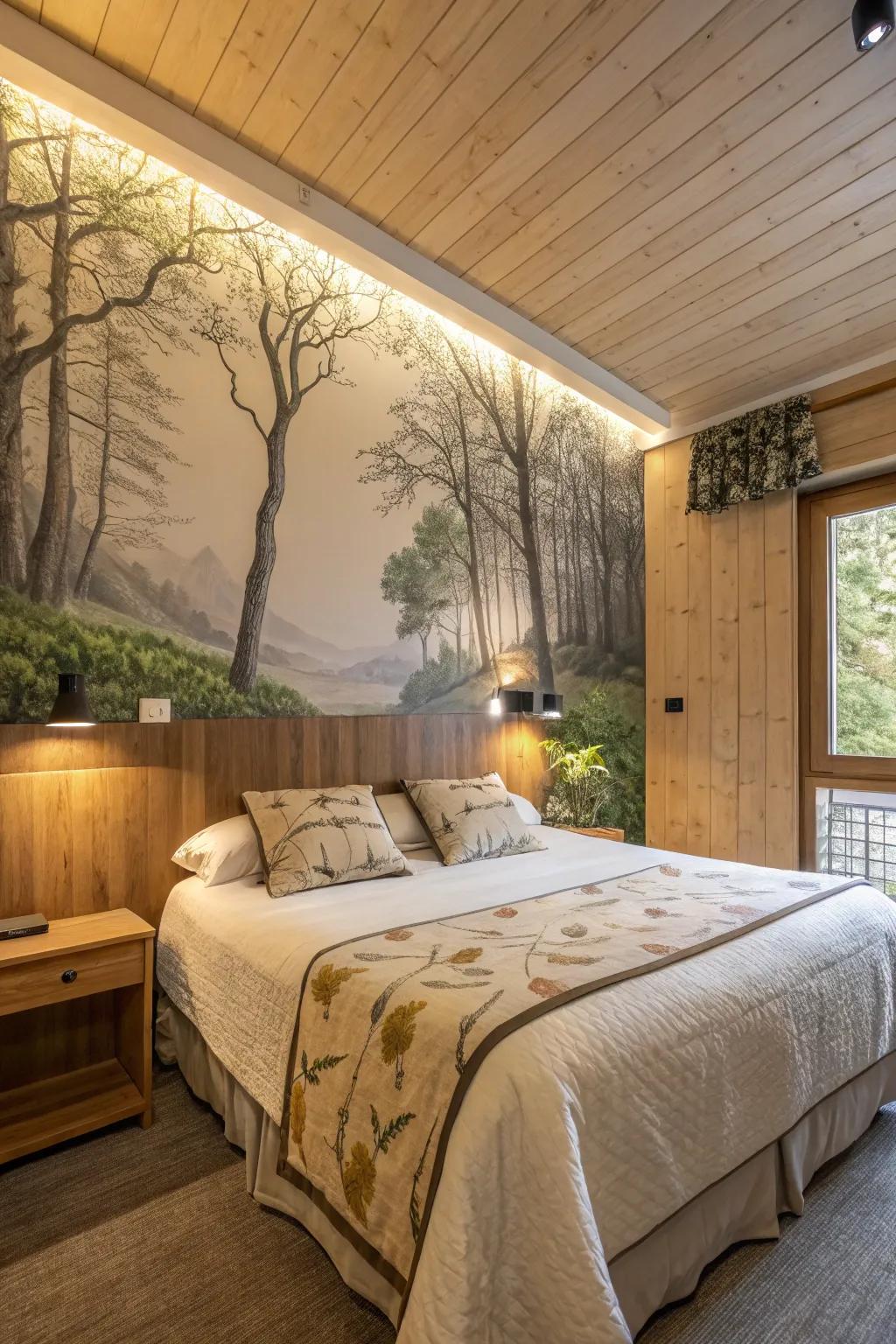 A bedroom with a nature mural accent wall bringing the outdoors in.