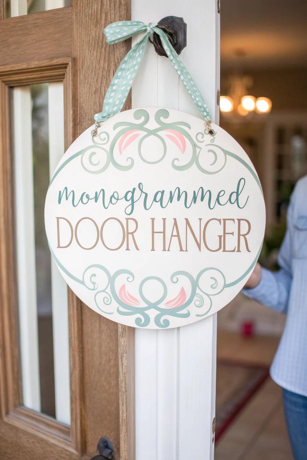 A sophisticated monogrammed door adornment showcasing elegant details.