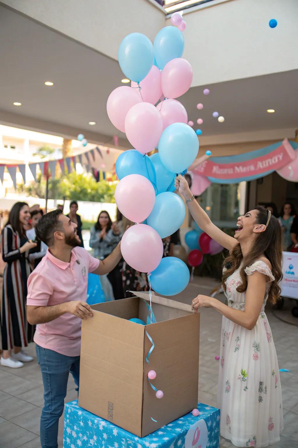 A gender reveal balloon box creates an exciting and memorable moment.