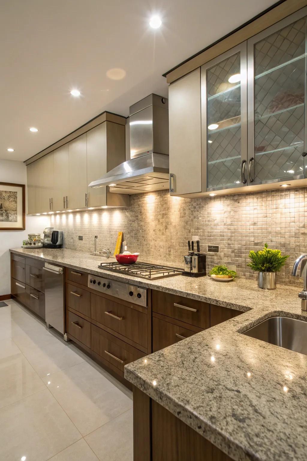 Stainless steel and granite create an industrial chic look.