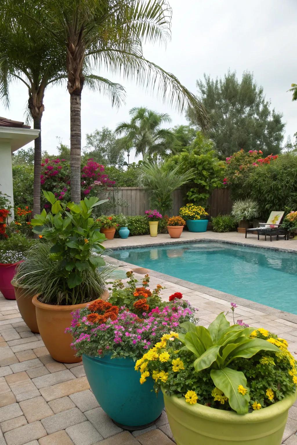 A lush poolside area decorated with vibrant planters.