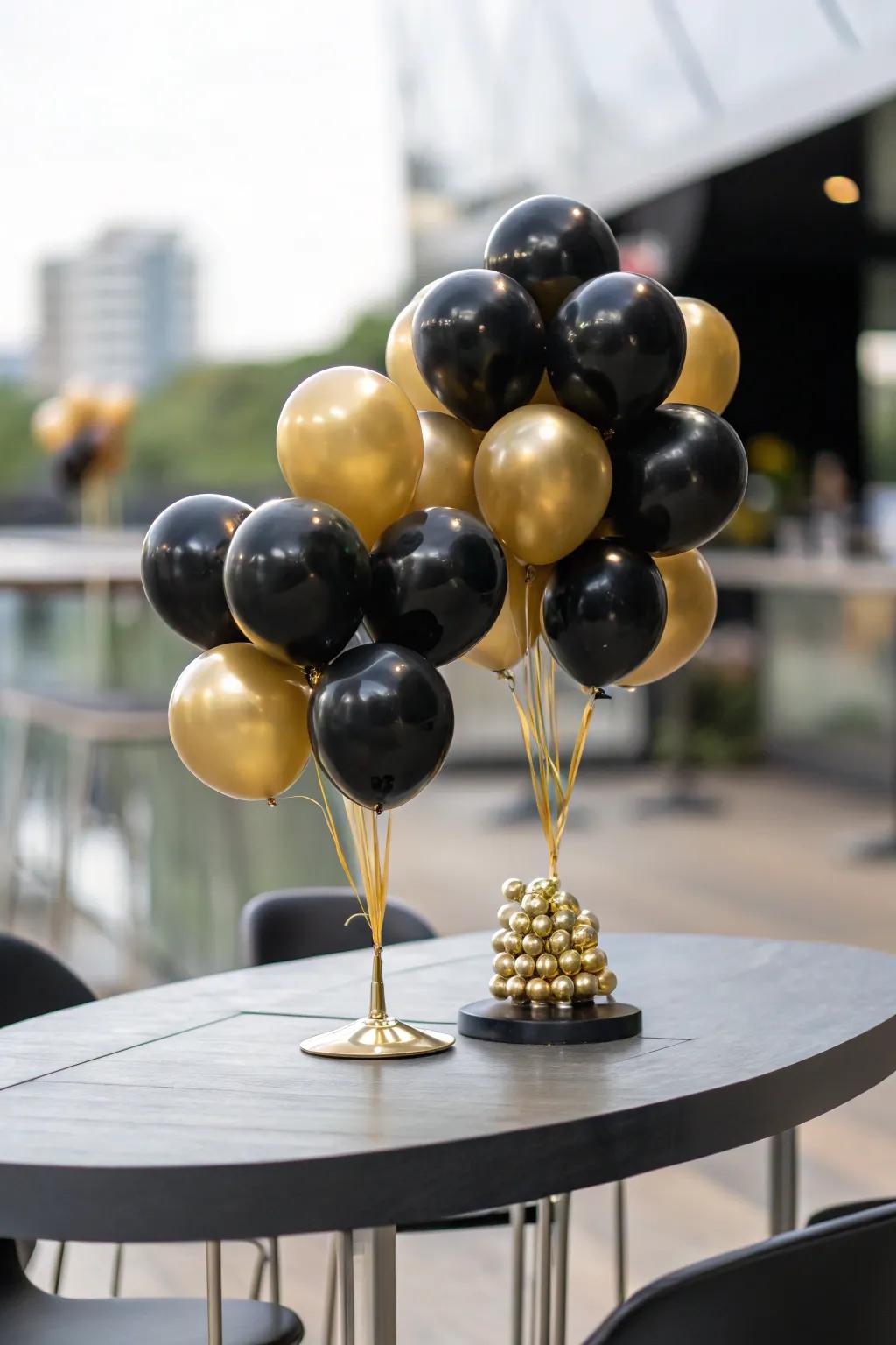 Ebony balloons in conjunction with gold engender a sumptuous visual.