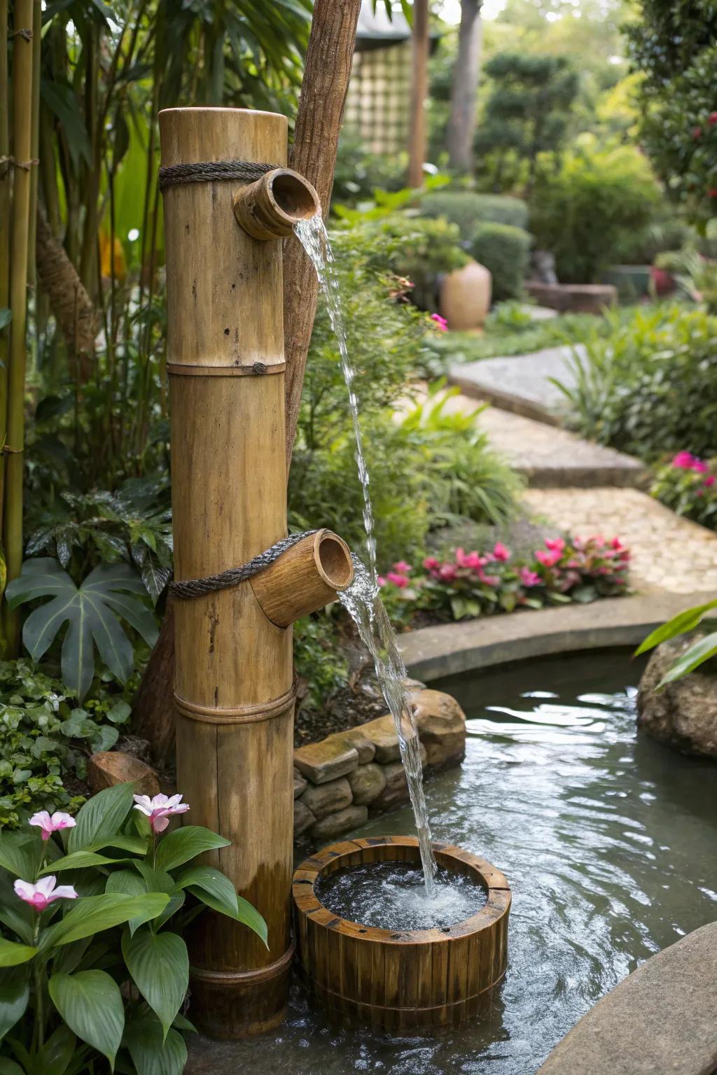 An artistic bamboo spiral creating mesmerizing water patterns.