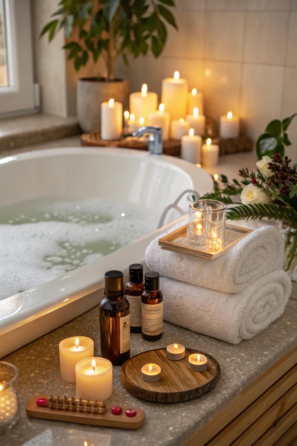 Transform your bathroom into a spa with calming elements around the bathtub.