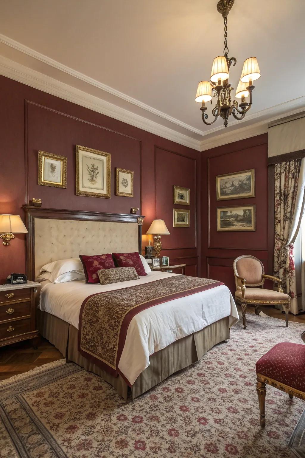 Sophisticated burgundies create a warm and elegant bedroom cocoon.