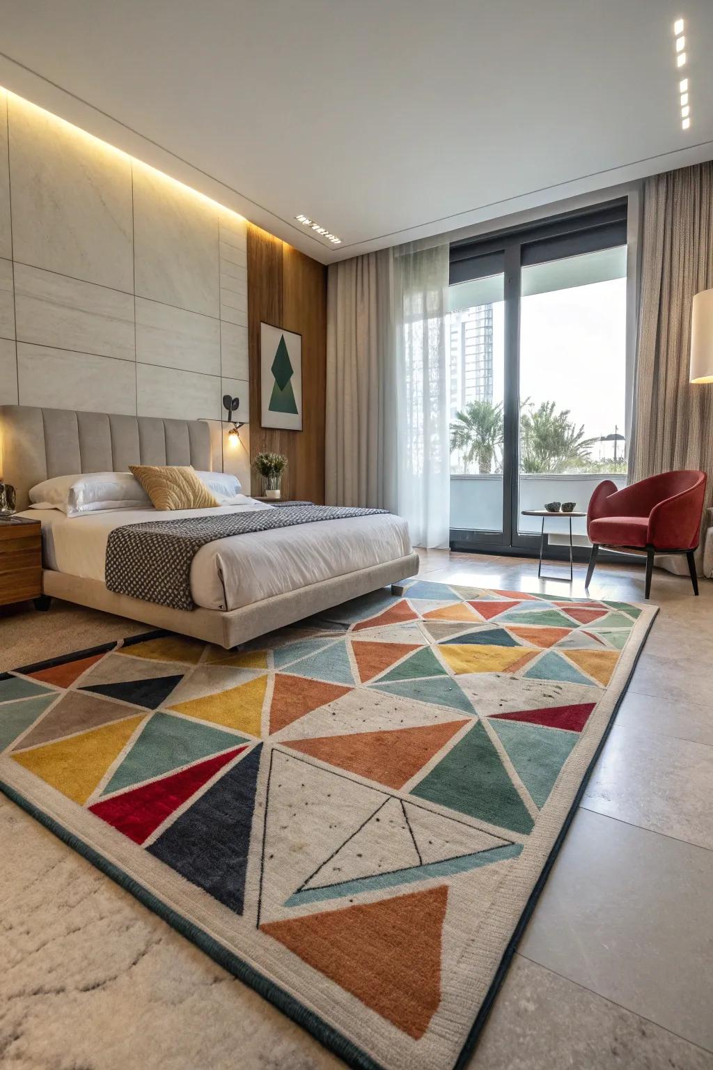 Abstract rugs add modern art to the floor.