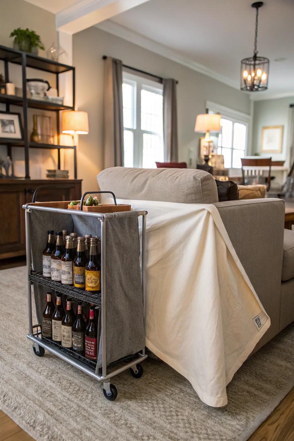 A hidden bar cart in the living room storing beer bottles stylishly.