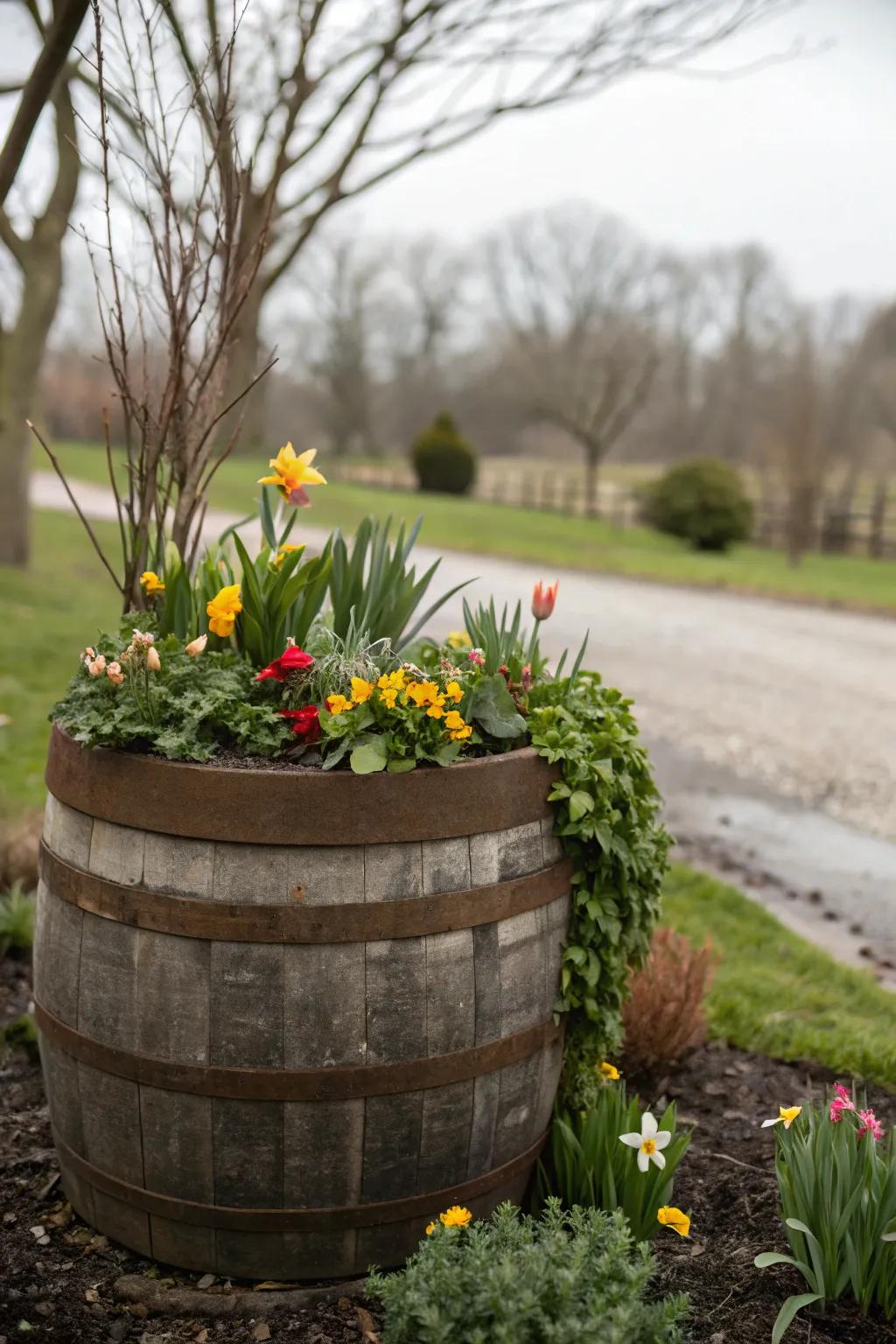 A versatile whiskey barrel planter adapting beautifully to seasonal changes.