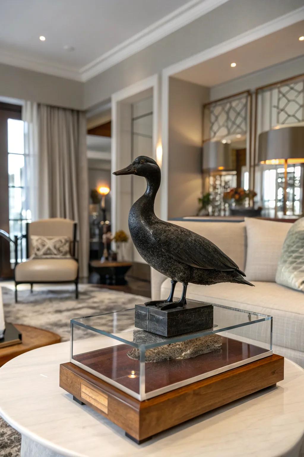 A waterfowl display showcased with mixed materials for added interest.