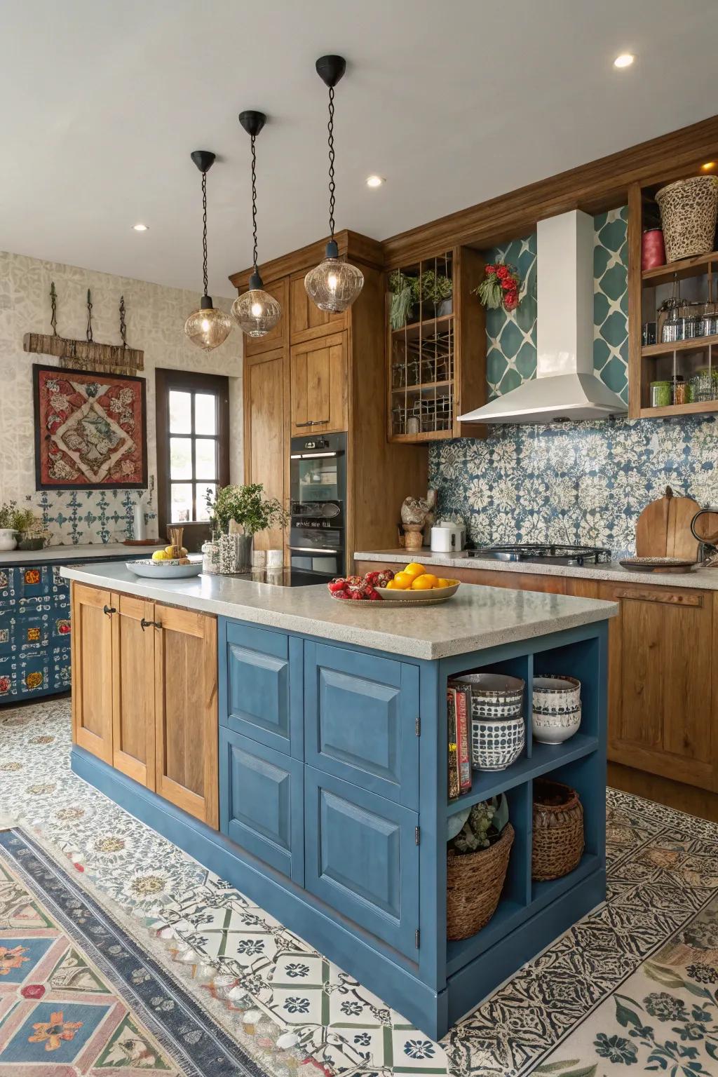 An eclectic mix of textures and patterns adds flair to the blue island.