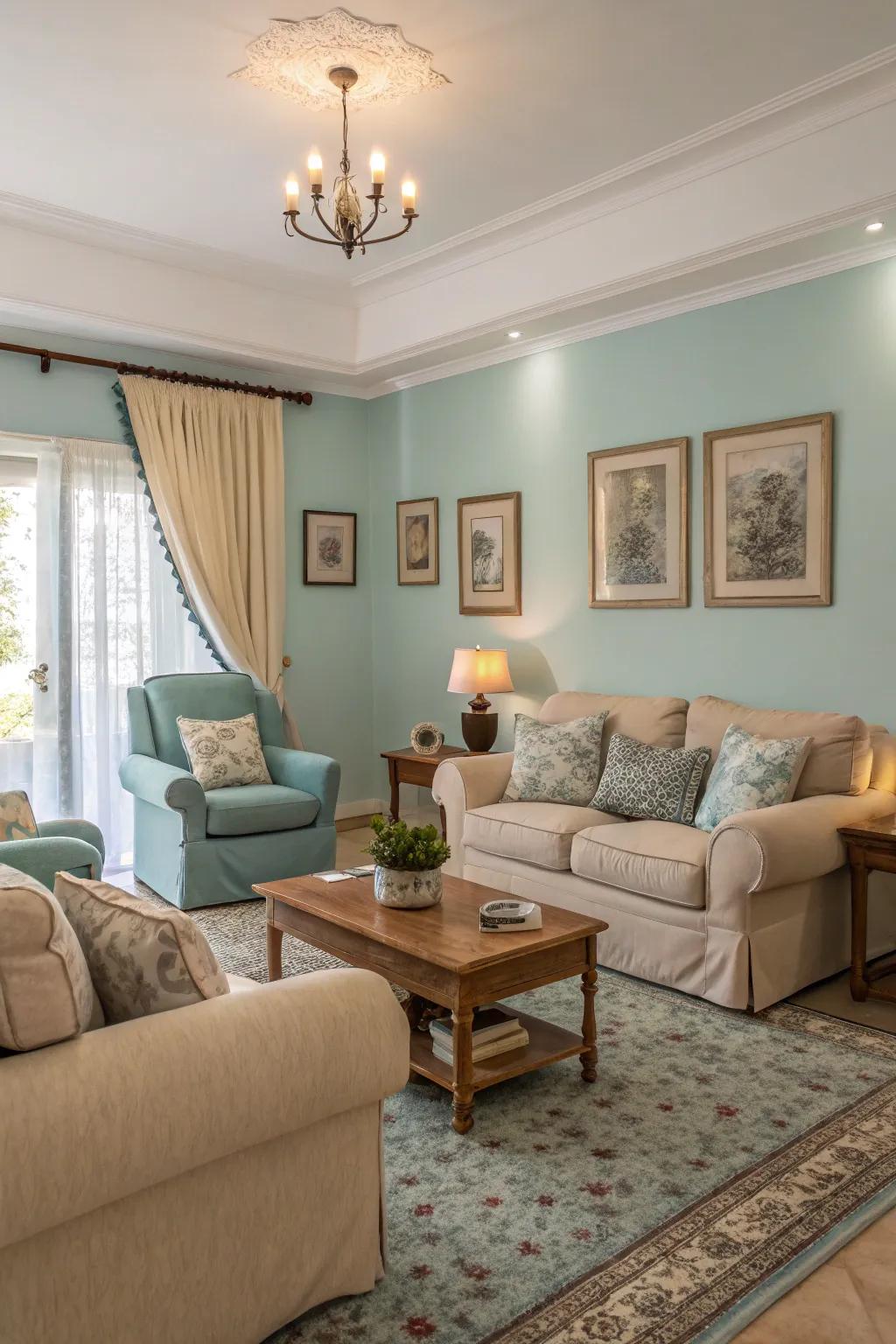 Pastel blues create a soft and serene atmosphere in this tranquil living room.