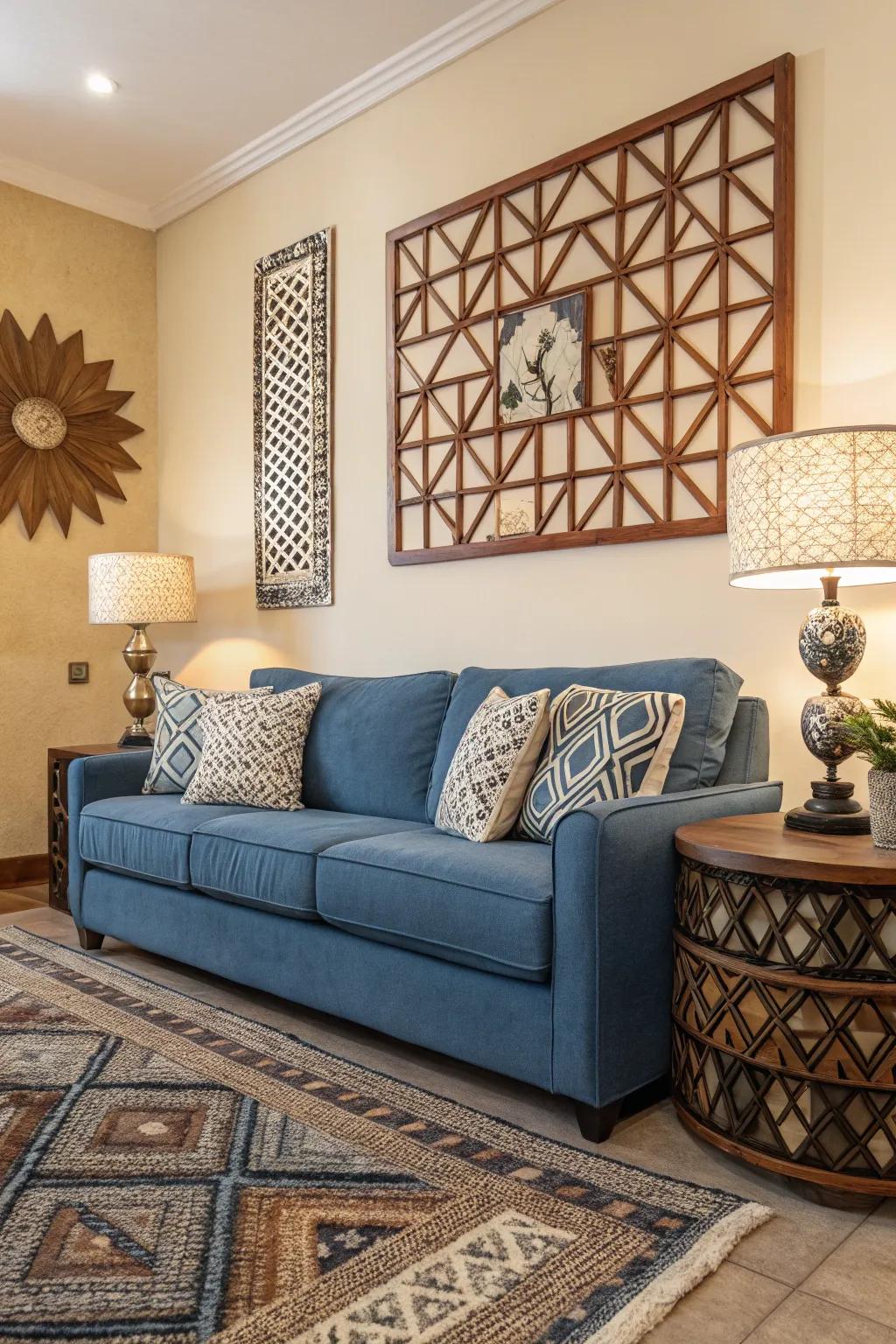 Geometric patterns introduce a modern feel to an arrangement with a blue settee.