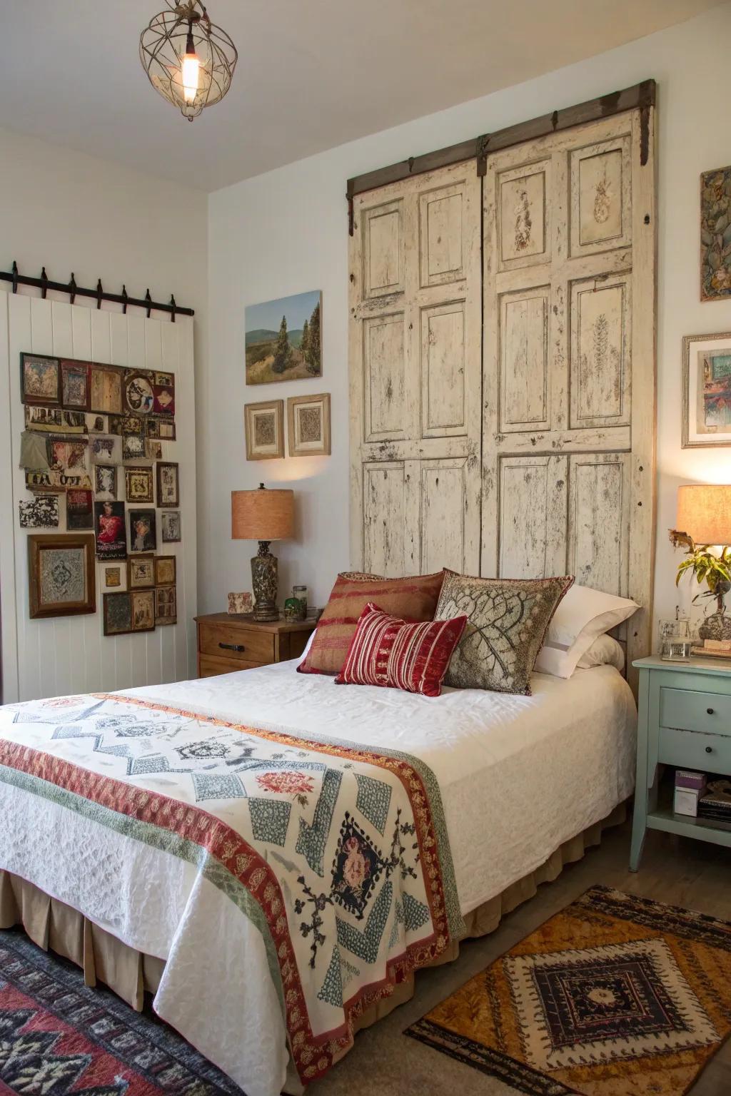 Vintage doors become a charming and unique headboard.