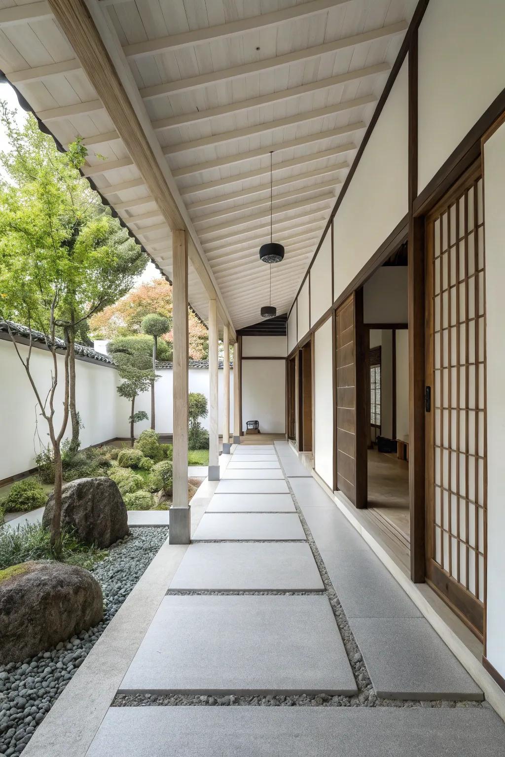 A minimalist Zen retreat breezeway that promotes peace and clarity.