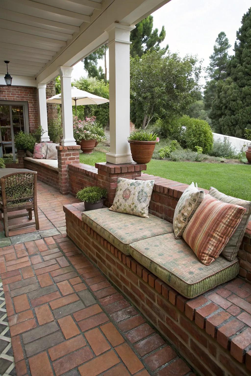 Built-in brick seating maximizes space and enhances outdoor comfort.