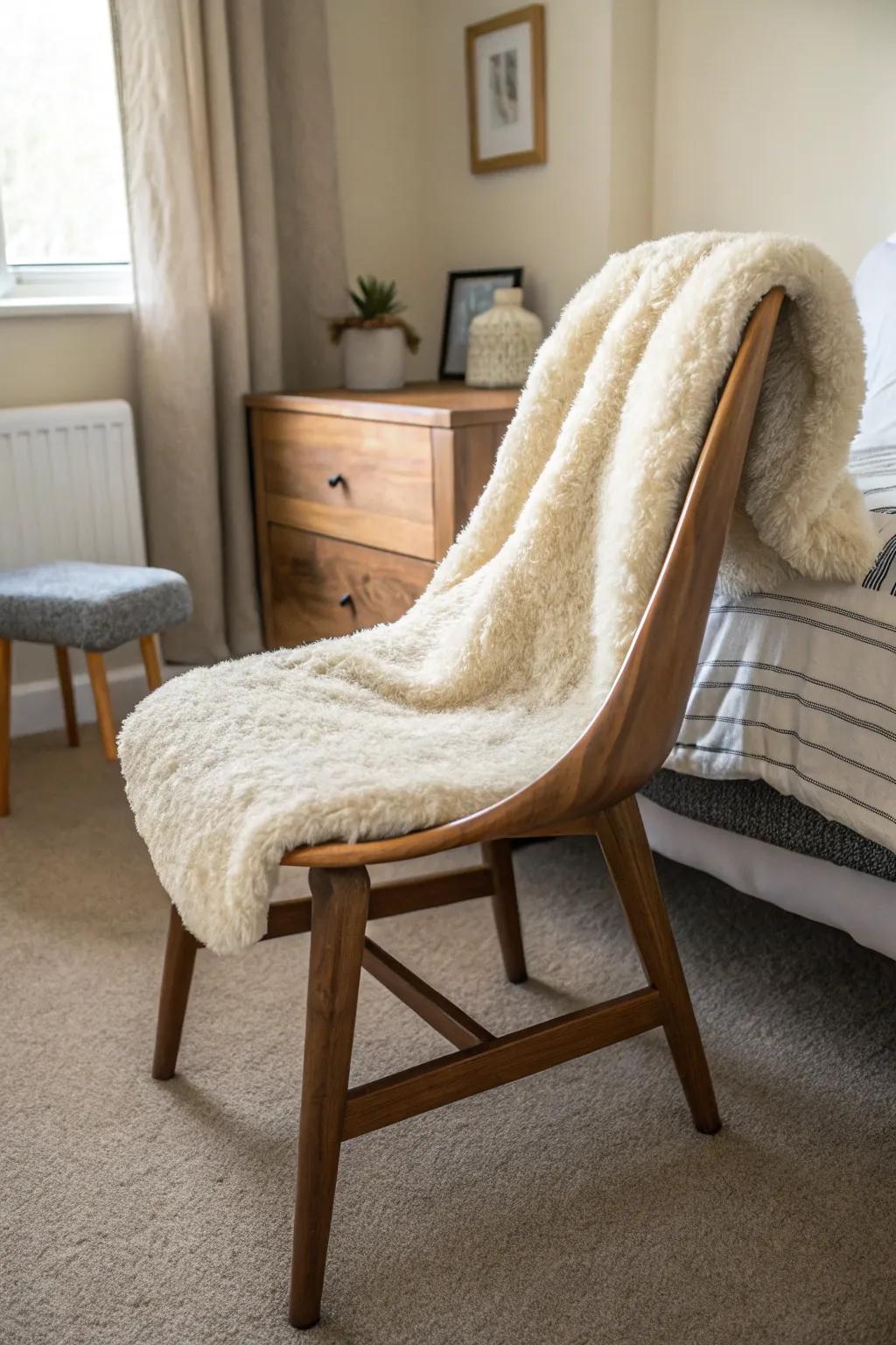 A sheepskin throw adds a touch of coziness and elegance.