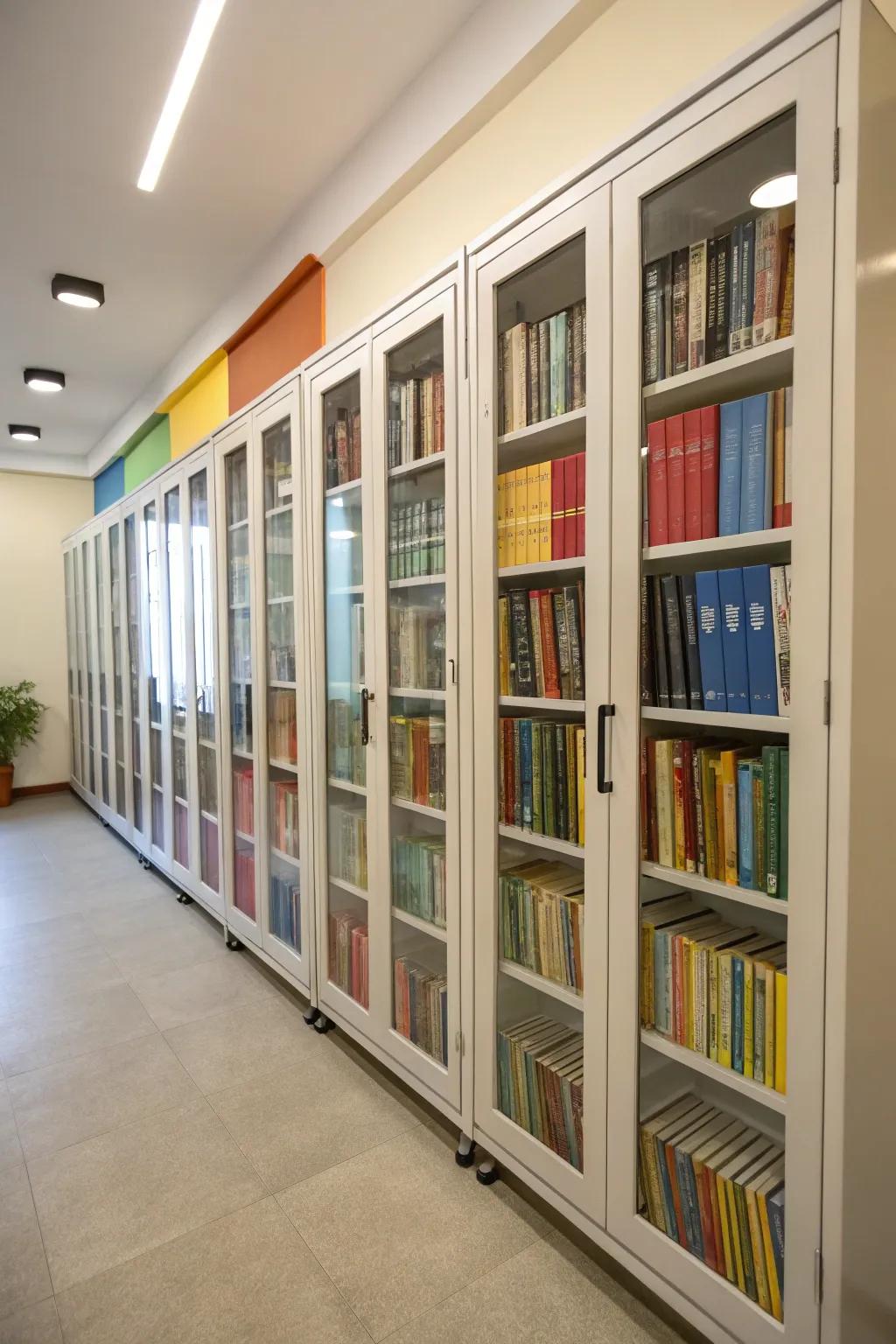 Built-in lockers repurposed as a book library.