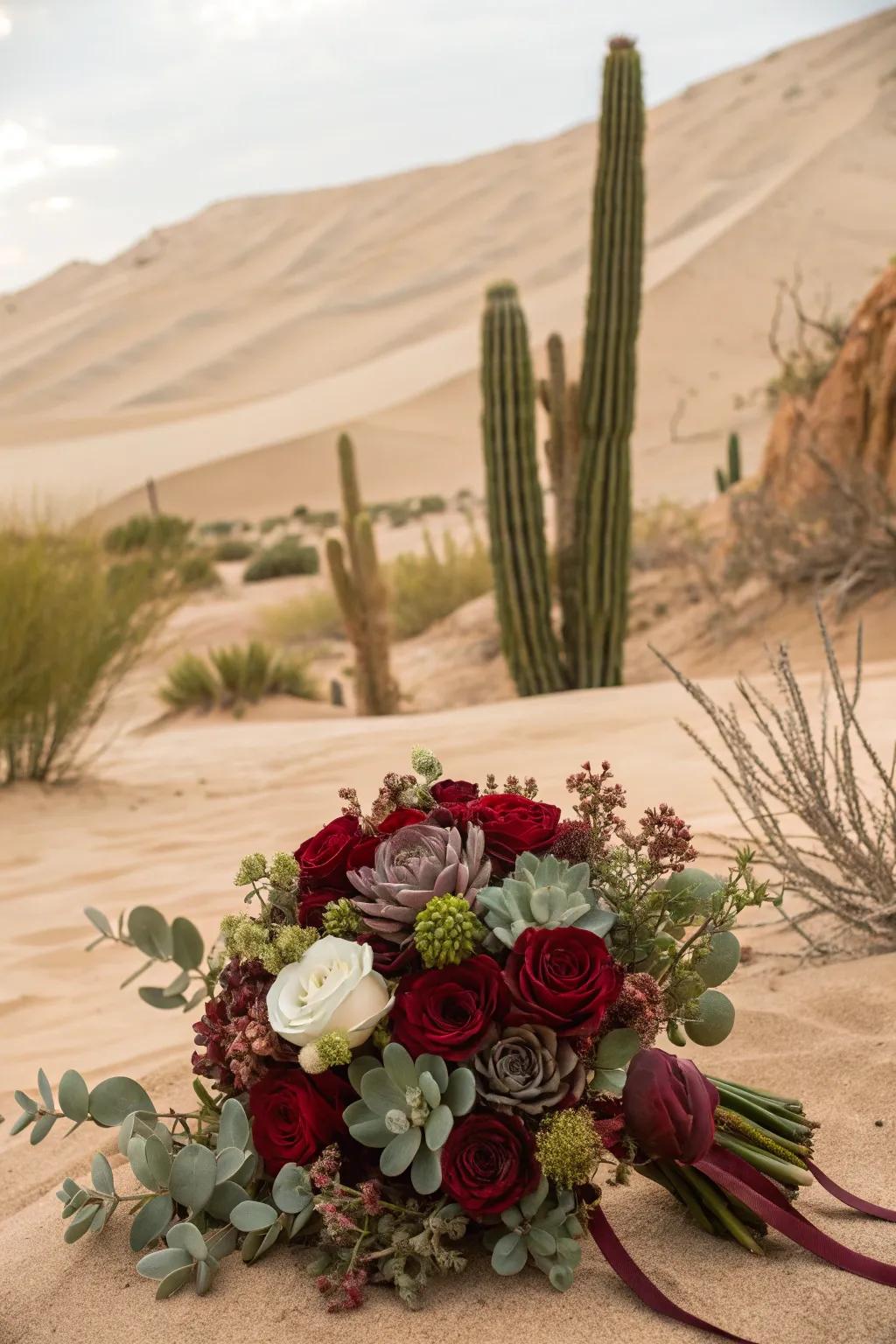 Burgundy bouquet with unique succulent accents.