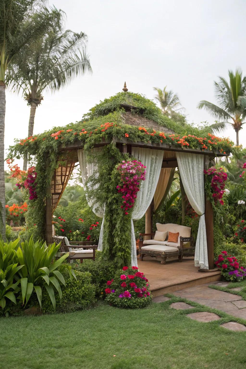 A vibrant garden cabana surrounded by nature.