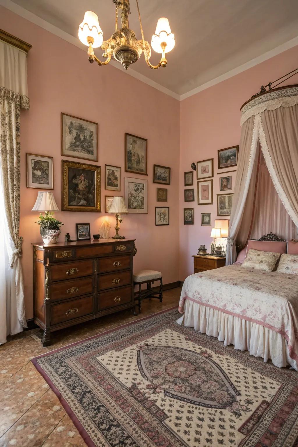 Dusty rose walls provide warmth and a vintage feel.