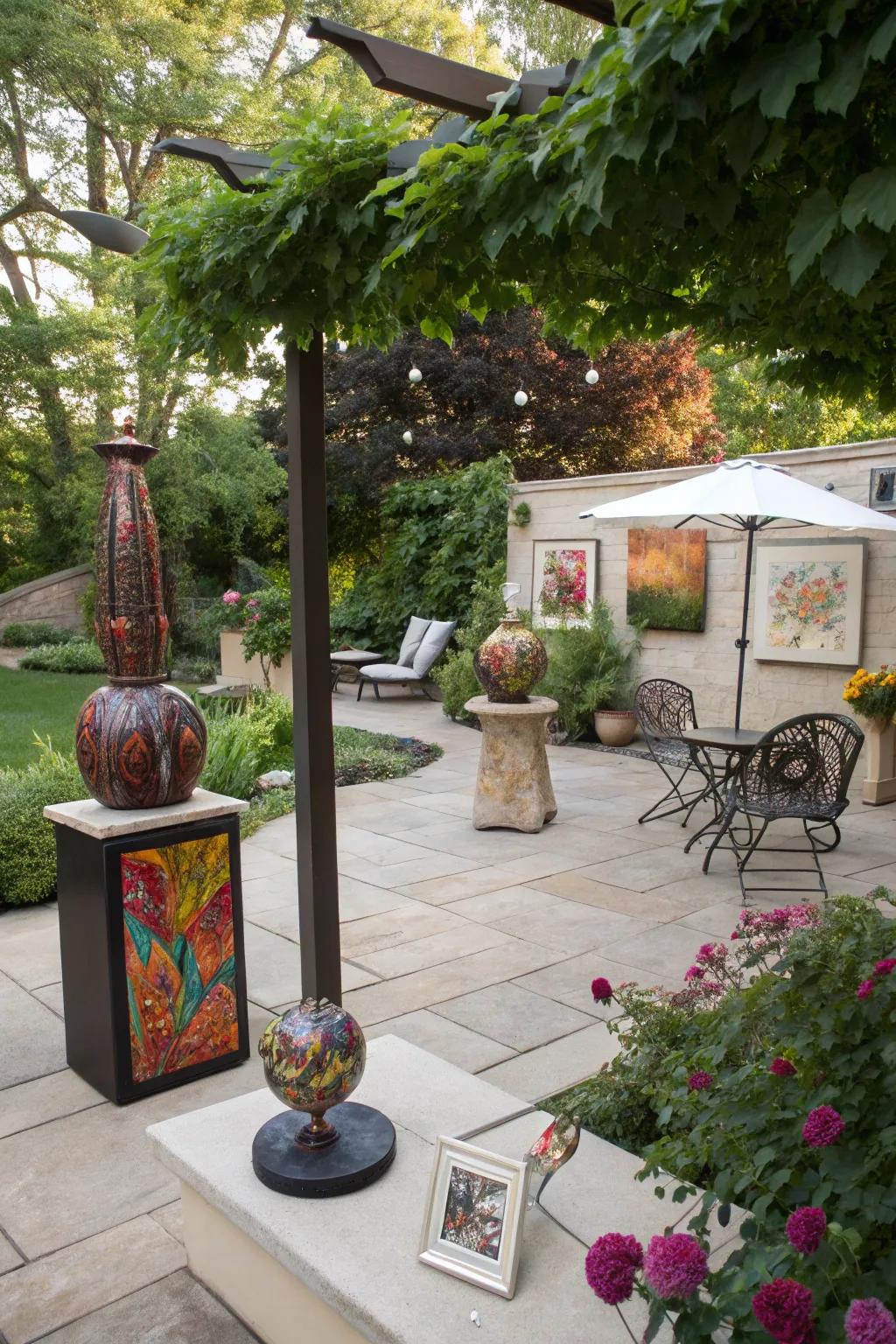 Outdoor art can add a personal touch to your patio space.