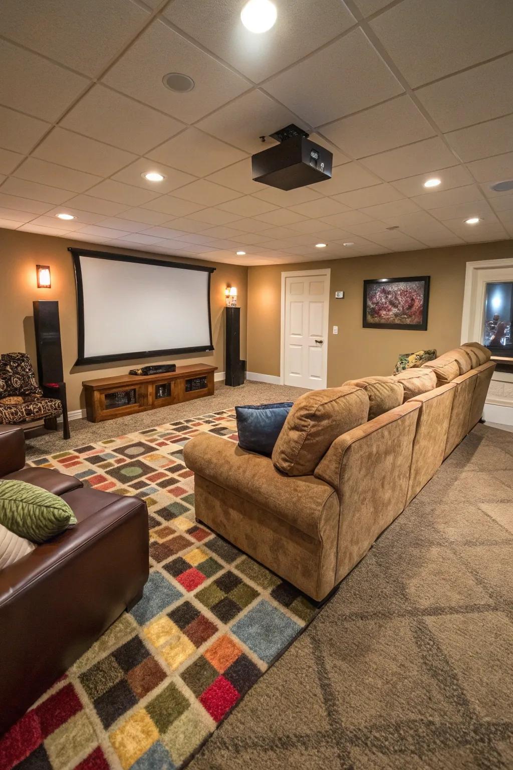 Peel-and-stick carpet squares offer a cozy and easy-to-install option for basement media rooms.