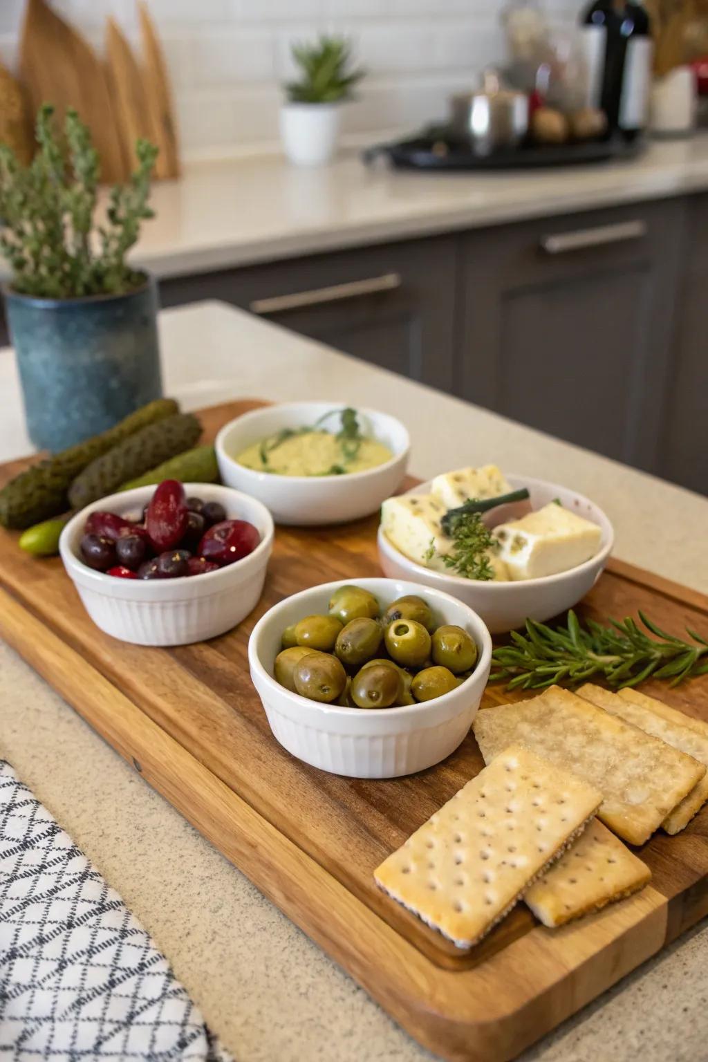 A tidy cheese board featuring small bowls for extras.