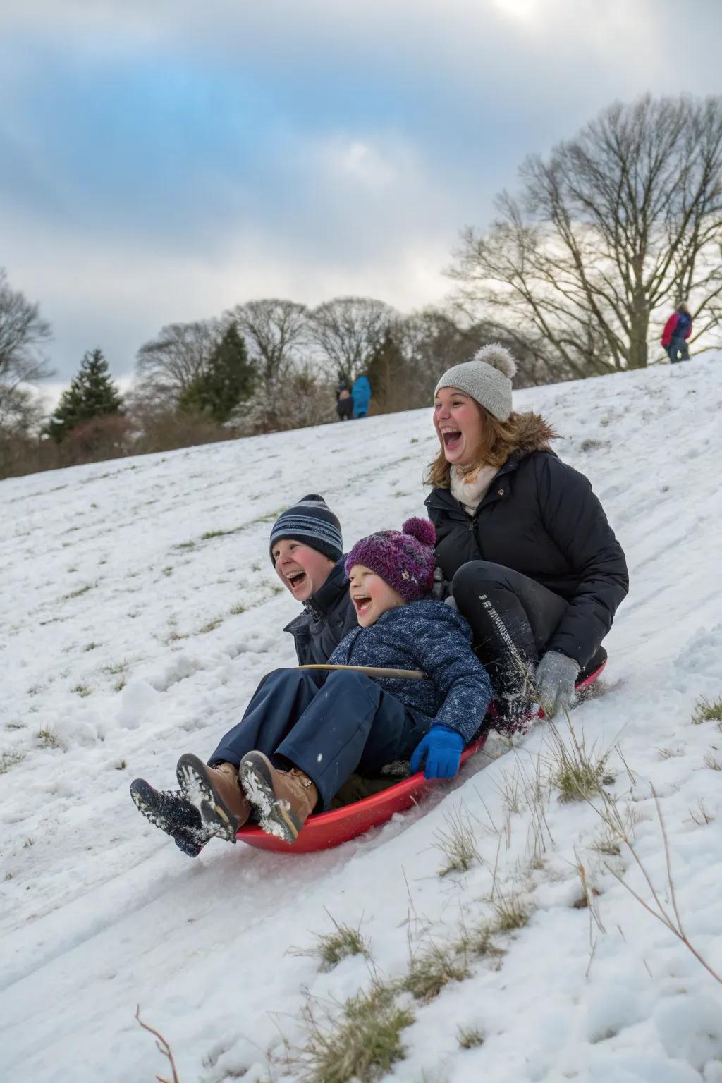 Capture the thrill of a family sledding adventure.