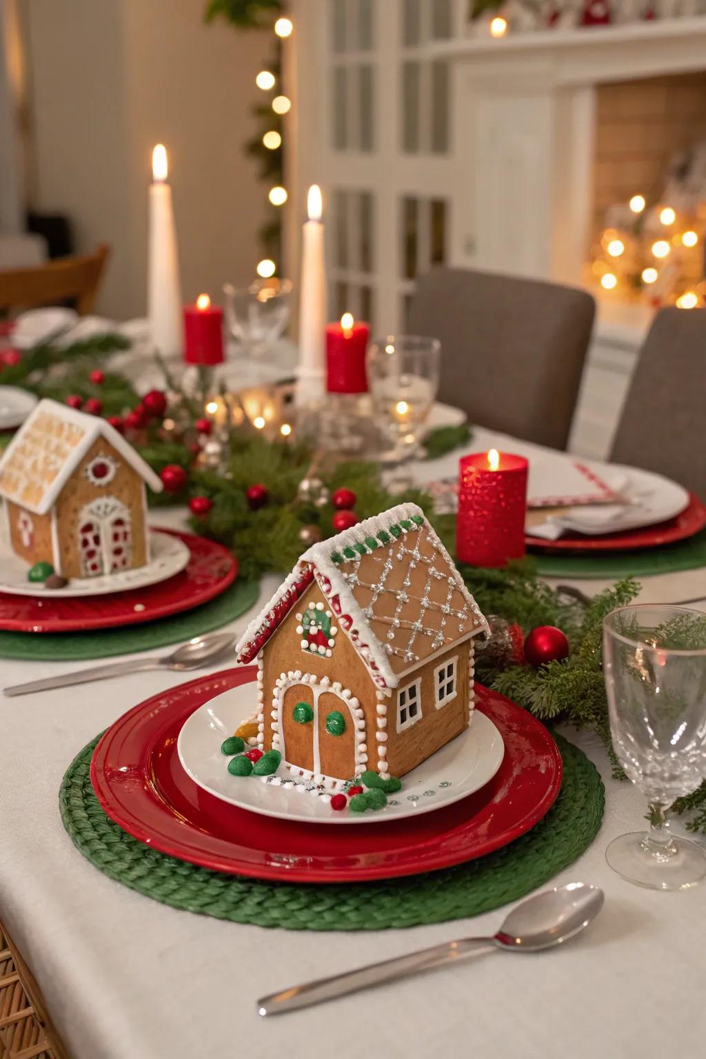 Mini gingerbread houses add a sweet touch to the table.